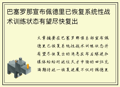 巴塞罗那宣布佩德里已恢复系统性战术训练状态有望尽快复出 巴塞罗那宣布佩德里已恢复系统性战术训练状态有望尽快复出