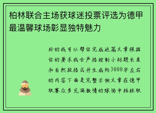 柏林联合主场获球迷投票评选为德甲最温馨球场彰显独特魅力